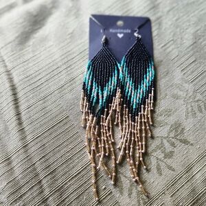 Handmade Indigenous Golden Black Turquoise Seed Bead Beaded Earrings